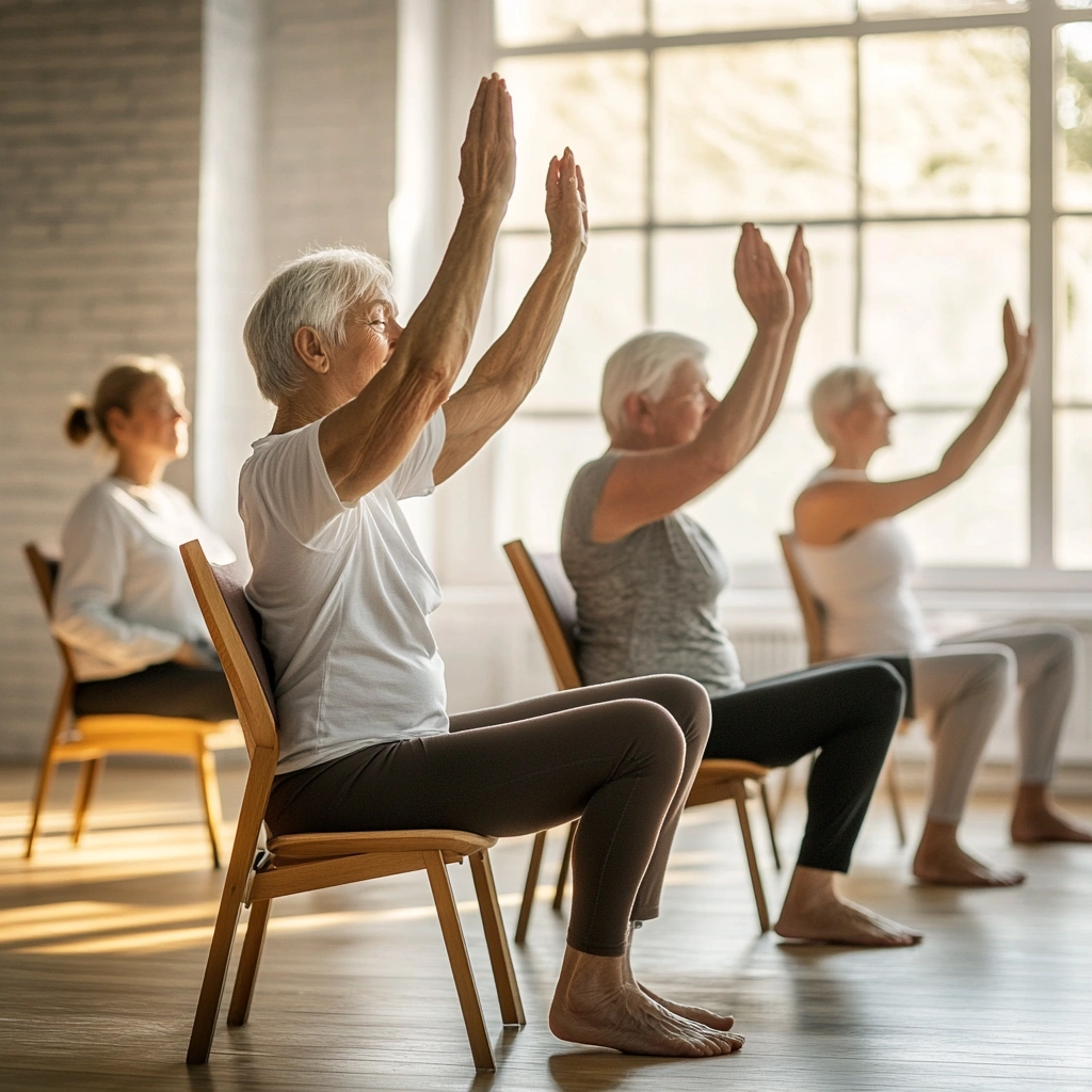 Заняття йогою на стільцях для учасників з обмеженою рухливістю