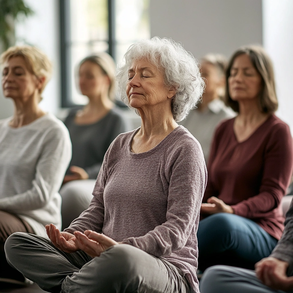 Група людей похилого віку медитує у спокійній атмосфері студії
