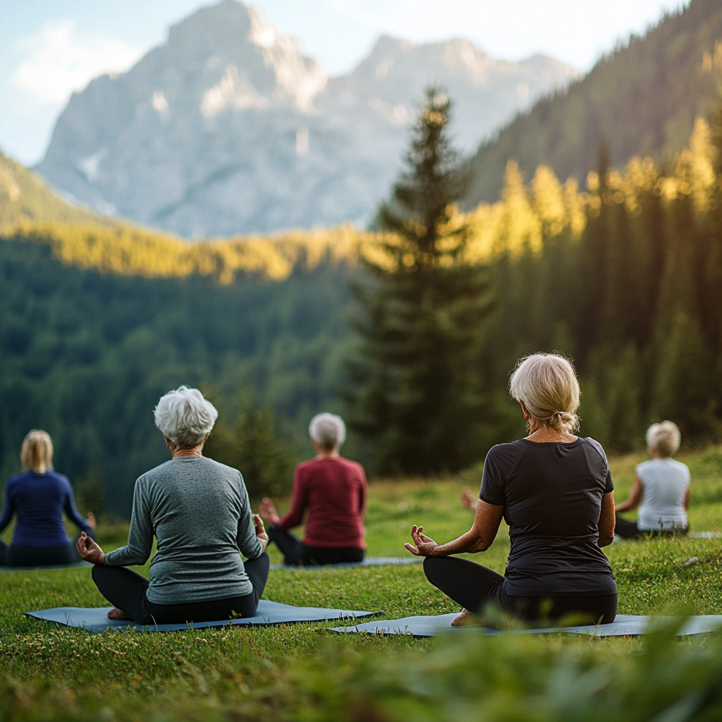Виїзний семінар на природі зі старшими людьми, що практикують йогу на свіжому повітрі