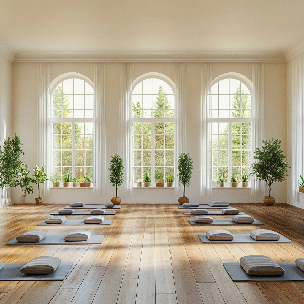 Світла та затишна студія йоги з великими вікнами та дерев'яною підлогою