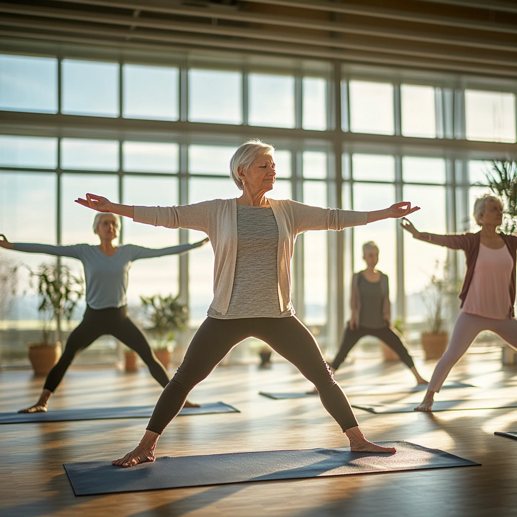 Група старших людей практикує м'яку йогу в просторій залі з природним освітленням
