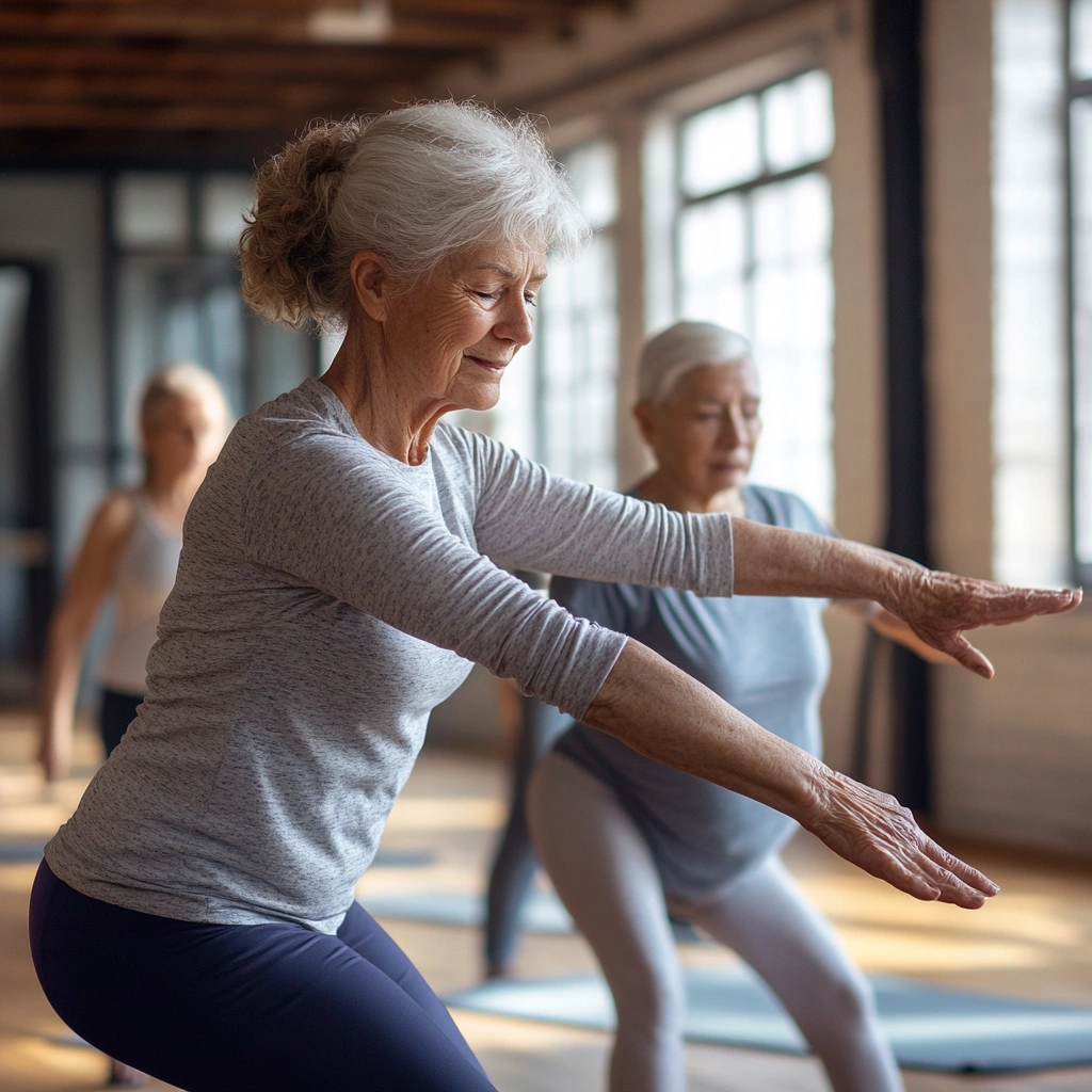 Інструктор допомагає учасниці правильно виконати позу стоячи